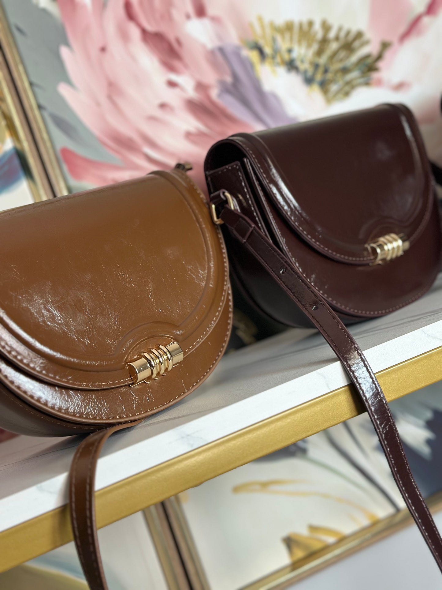 Dalcy Women's Handbag - Dark Brown Leather Style with Gold Accent Closure