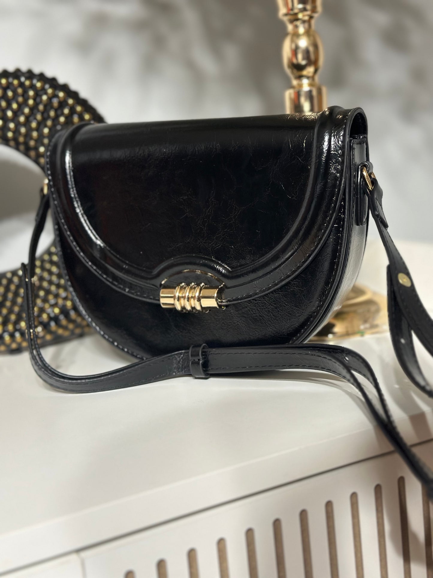 Dalcy Women's Handbag - Dark Brown Leather Style with Gold Accent Closure