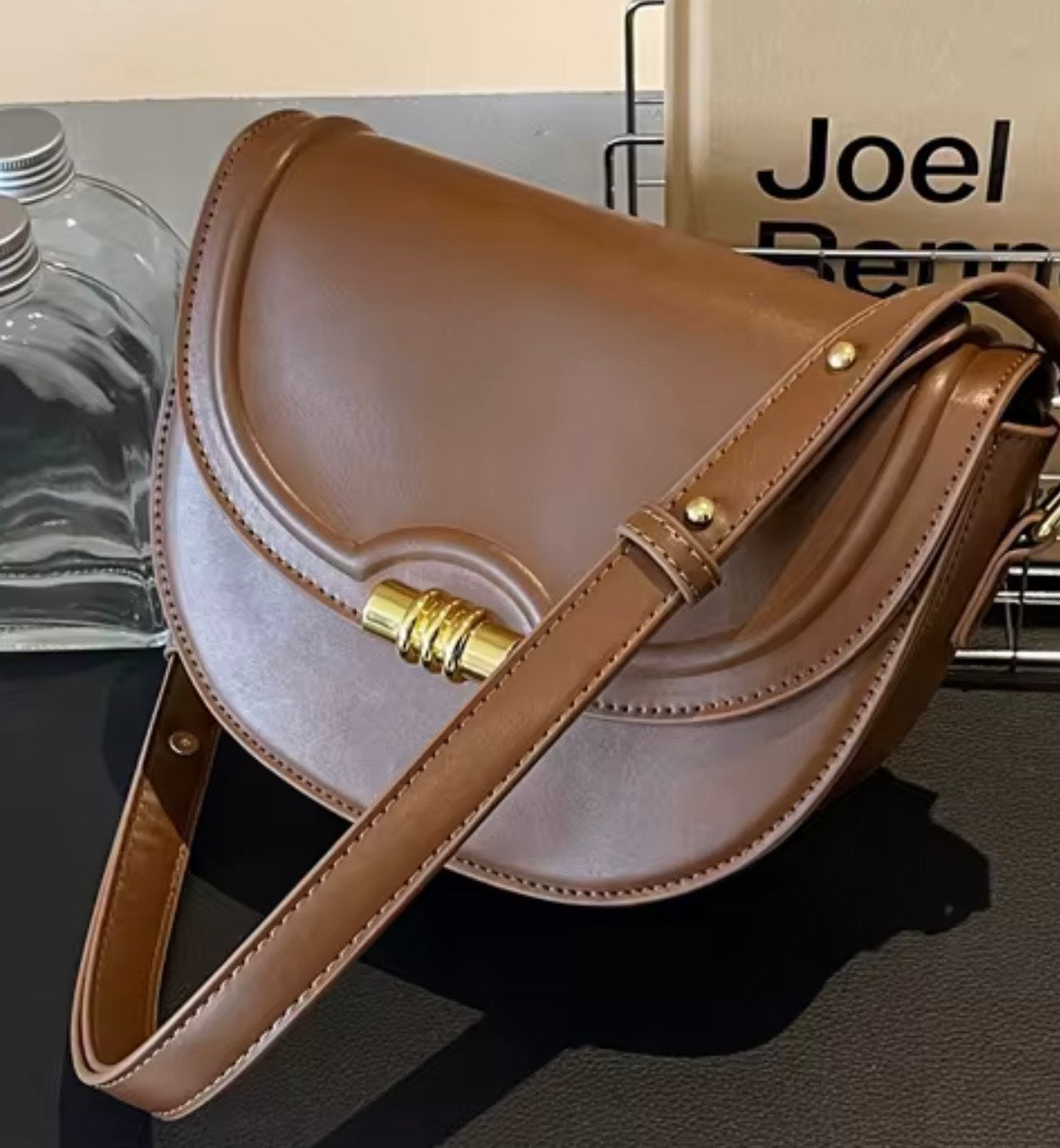 Dalcy Women's Handbag - Dark Brown Leather Style with Gold Accent Closure